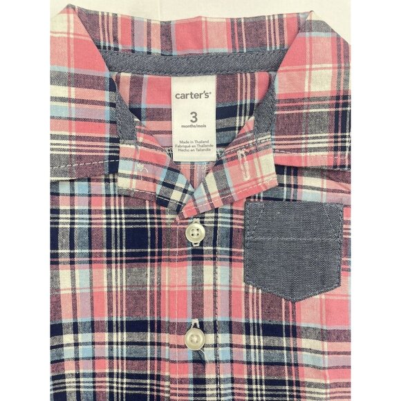 Carter's Baby Boy Blue Pink Plaid Collared Romper Size 3 Month - Picture 4 of 5